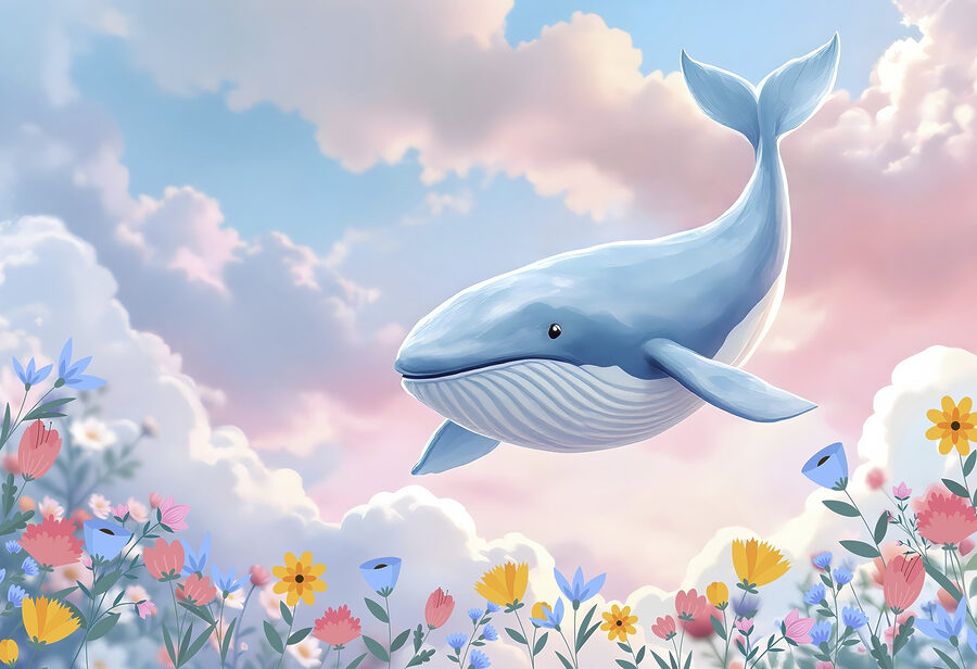 Wal fliegt über Blumen