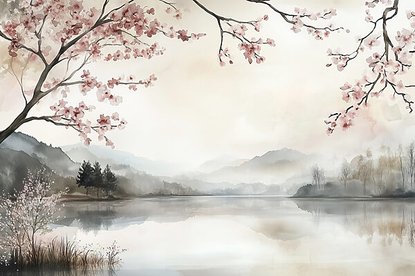 Aquarellmalerei eines Sees mit Bäumen und Bergen Aquarellmalerei eines Sees mit Bäumen und Bergen