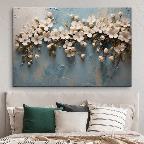 Wandbilder Weiße Blumen auf blauer Fläche (Artikelnummer: s43111) Wandbilder Wandbilder Weiße Blumen auf blauer Fläche (Artikelnummer: s43111)
