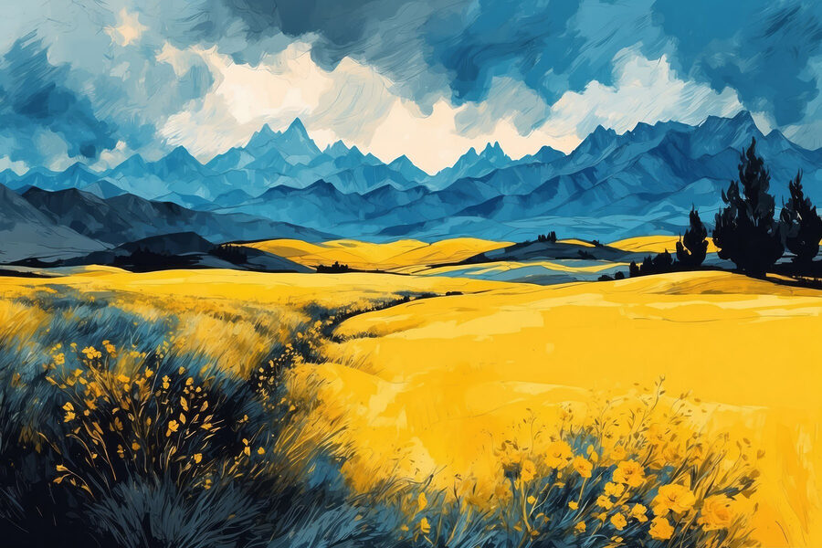Gelbes Feld mit Bergen im Hintergrund