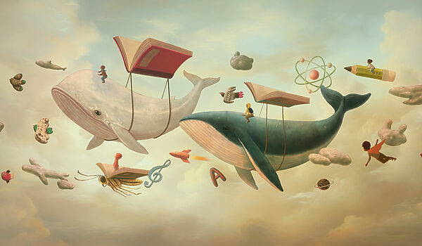 Wal und Walfisch mit Büchern und einem Buch darauf Wal und Walfisch mit Büchern und einem Buch darauf