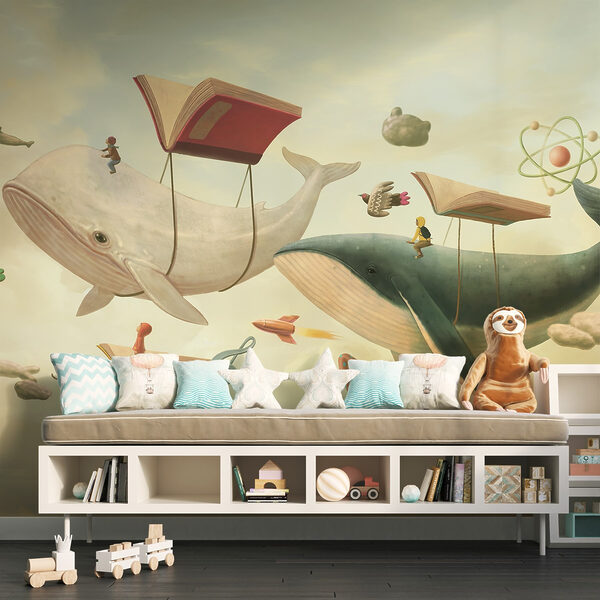 Wal und Walfisch mit Büchern und einem Buch darauf Wal und Walfisch mit Büchern und einem Buch darauf
