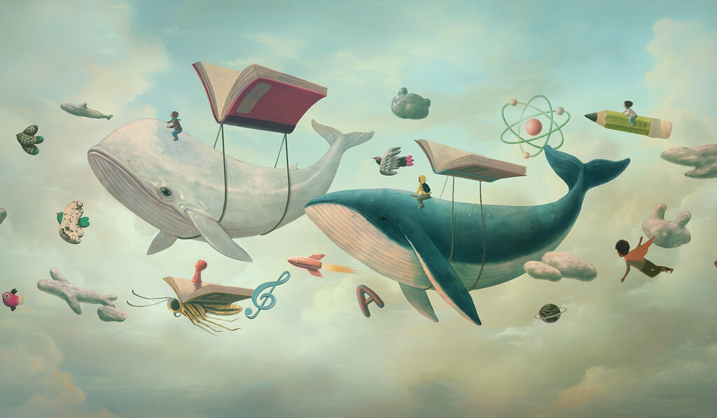 Whale and whale with books and a book on them
