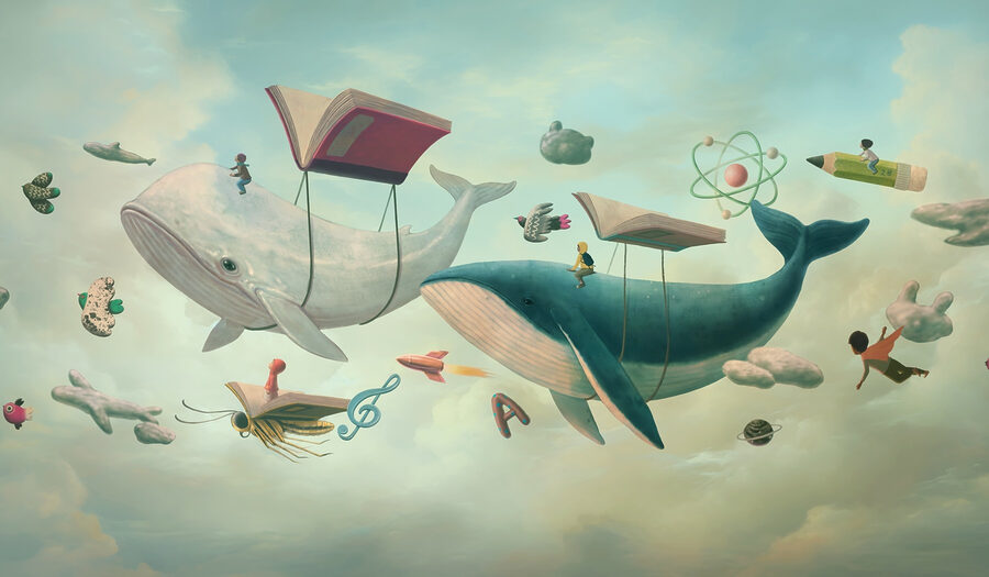 Wale und Wale mit Büchern und ein Buch über sie