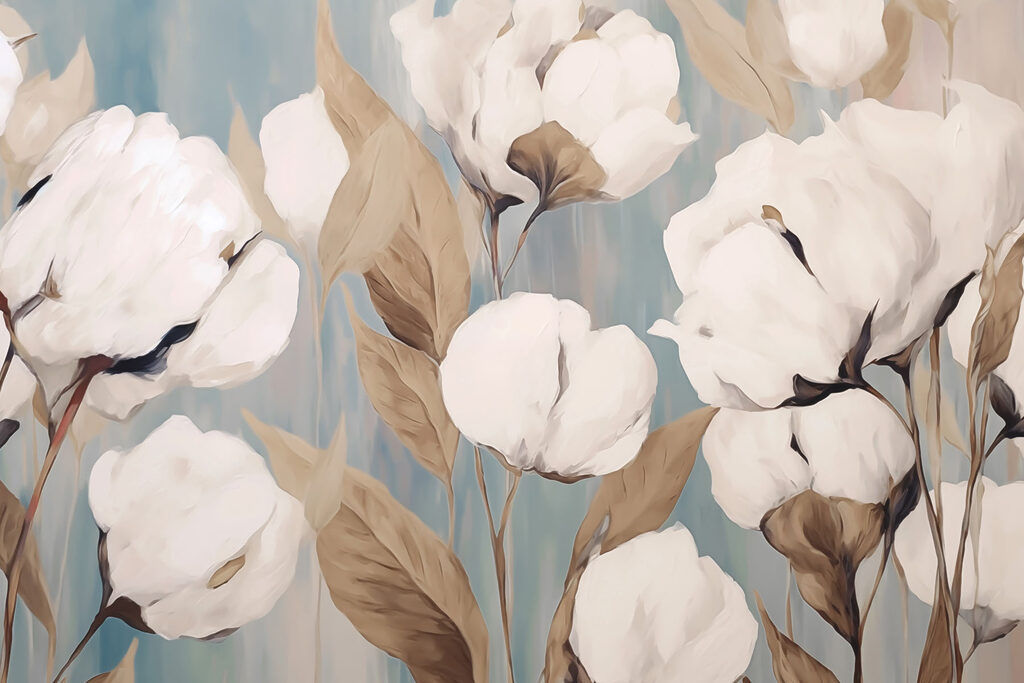 Malerei von weißen Blumen und braunen Blättern Malerei von weißen Blumen und braunen Blättern