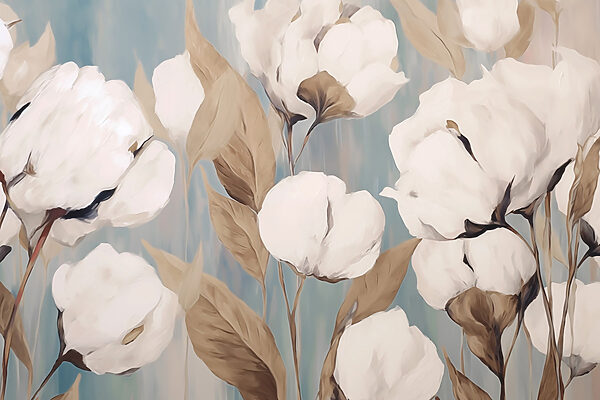 Malerei von weißen Blumen und braunen Blättern Malerei von weißen Blumen und braunen Blättern