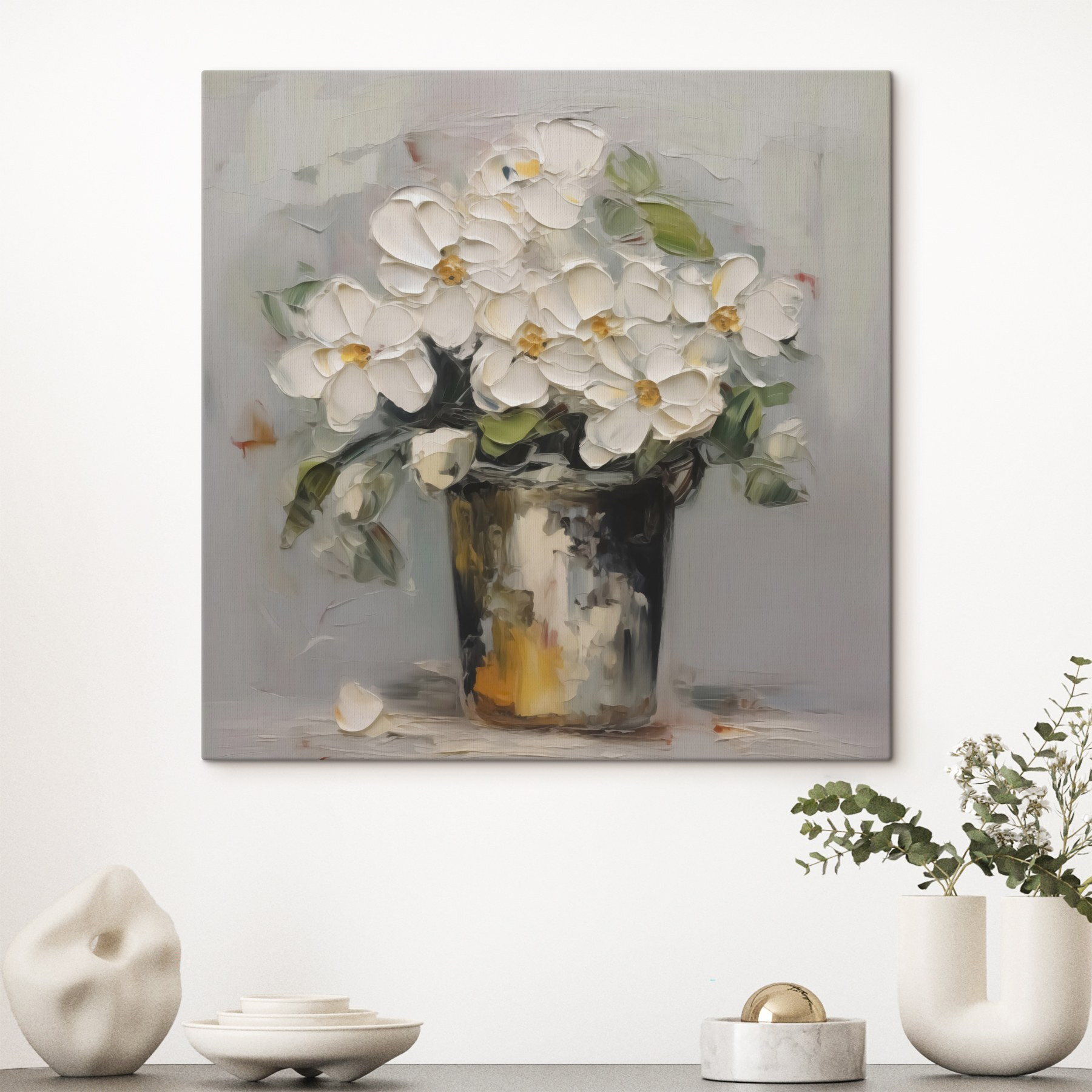 Painting of flowers in a bucket