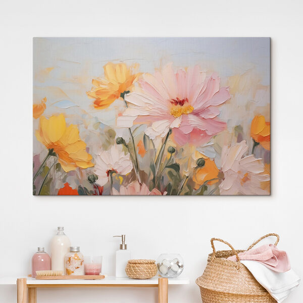 Gemälde mit Blumen auf blauem Hintergrund Gemälde mit Blumen auf blauem Hintergrund