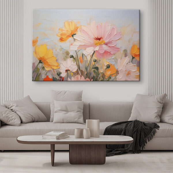 Gemälde mit Blumen auf blauem Hintergrund Gemälde mit Blumen auf blauem Hintergrund