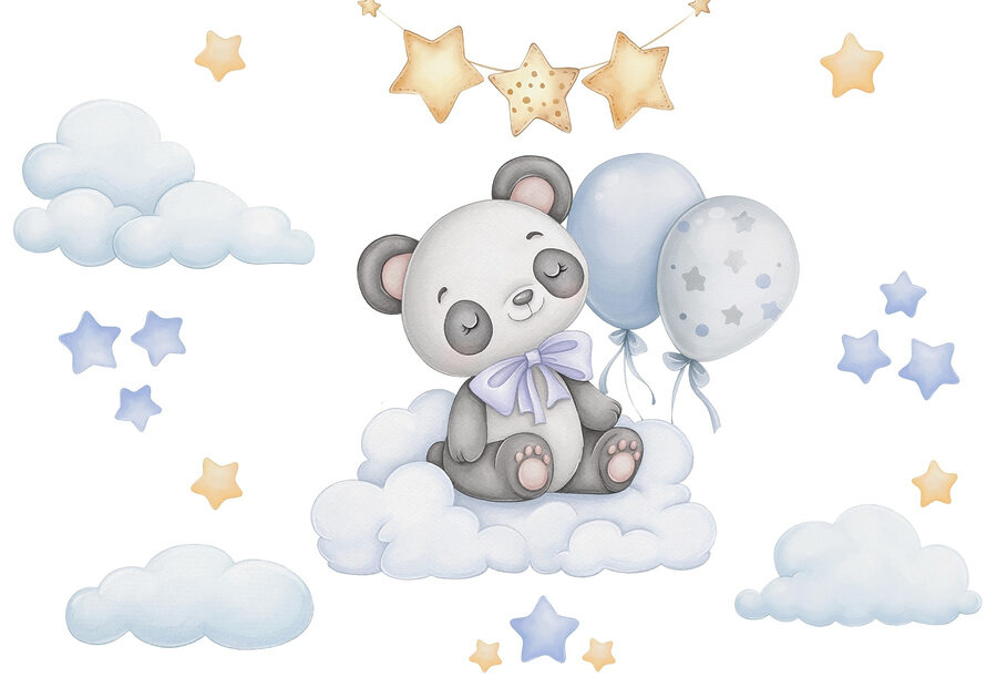 Cartoon Panda sitzt auf einer Wolke mit Luftballons