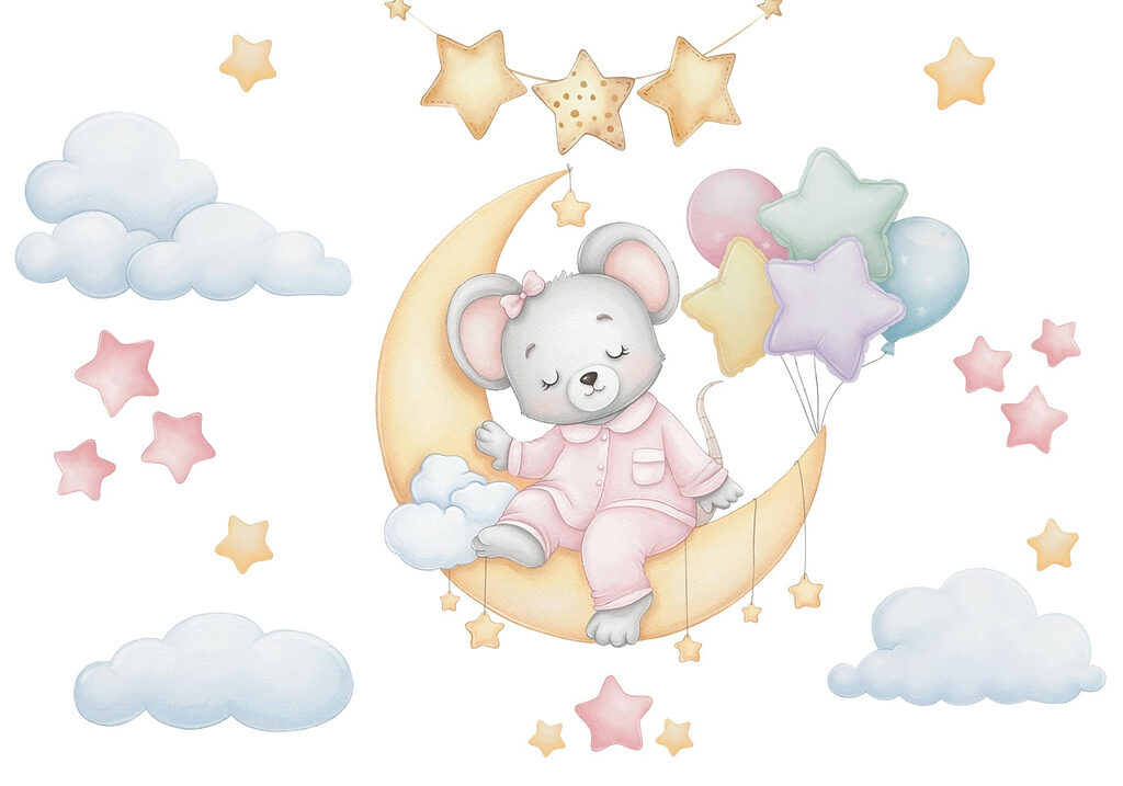 Maus auf dem Mond sitzend mit Luftballons Maus auf dem Mond sitzend mit Luftballons