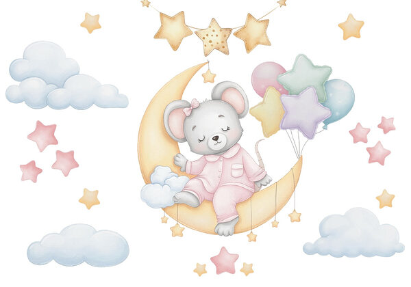 Maus auf dem Mond sitzend mit Luftballons Maus auf dem Mond sitzend mit Luftballons
