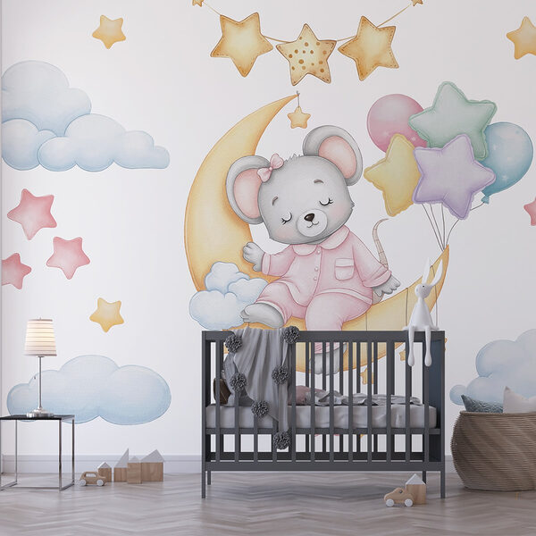 Maus auf dem Mond sitzend mit Luftballons Maus auf dem Mond sitzend mit Luftballons