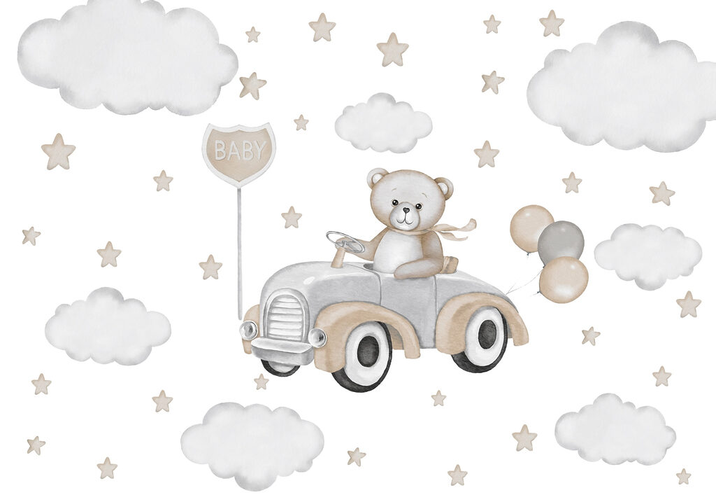 Teddybär am Steuer eines Autos mit Luftballons Teddybär am Steuer eines Autos mit Luftballons