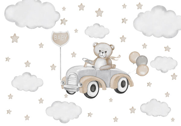 Teddybär am Steuer eines Autos mit Luftballons Teddybär am Steuer eines Autos mit Luftballons