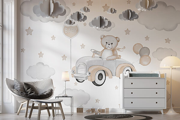 Teddybär am Steuer eines Autos mit Luftballons Teddybär am Steuer eines Autos mit Luftballons