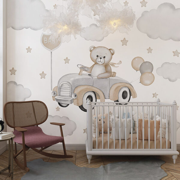 Teddybär am Steuer eines Autos mit Luftballons Teddybär am Steuer eines Autos mit Luftballons
