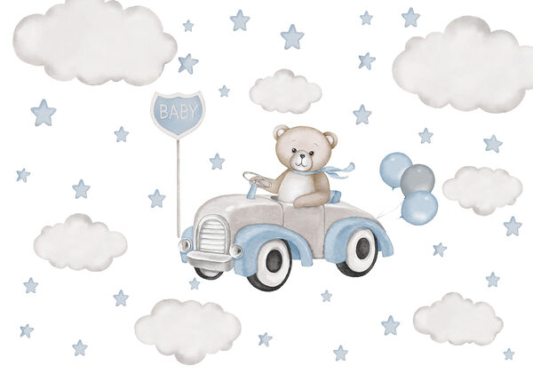 Teddybär am Steuer eines Autos mit Luftballons Teddybär am Steuer eines Autos mit Luftballons