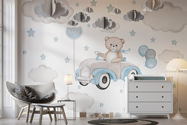 Teddybär am Steuer eines Autos mit Luftballons Teddybär am Steuer eines Autos mit Luftballons
