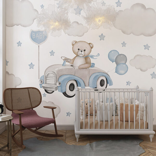 Teddybär am Steuer eines Autos mit Luftballons Teddybär am Steuer eines Autos mit Luftballons