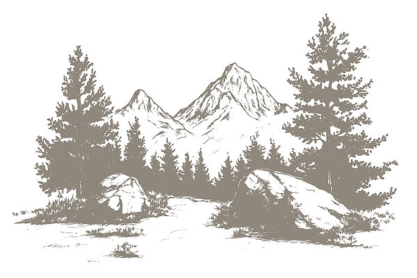 Bergkette mit Bäumen und Felsen Bergkette mit Bäumen und Felsen
