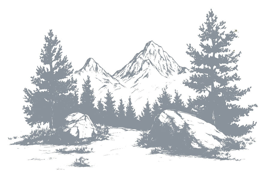 Bergkette mit Bäumen und Felsen