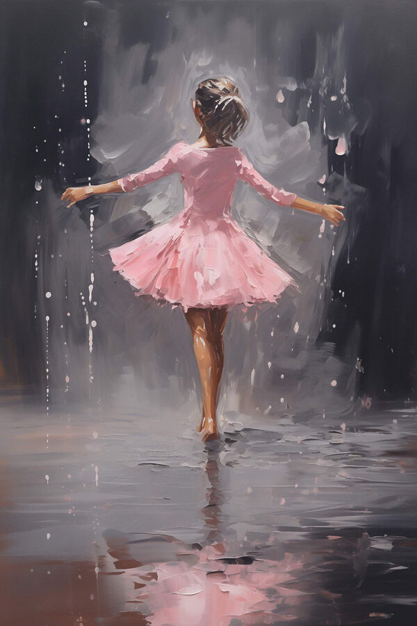Gemälde eines Mädchens in einem rosa Kleid, das im Regen tanzt Gemälde eines Mädchens in einem rosa Kleid, das im Regen tanzt