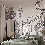 Fototapeten Zeichnung einer Straße mit Gebäuden und einem Glockenturm