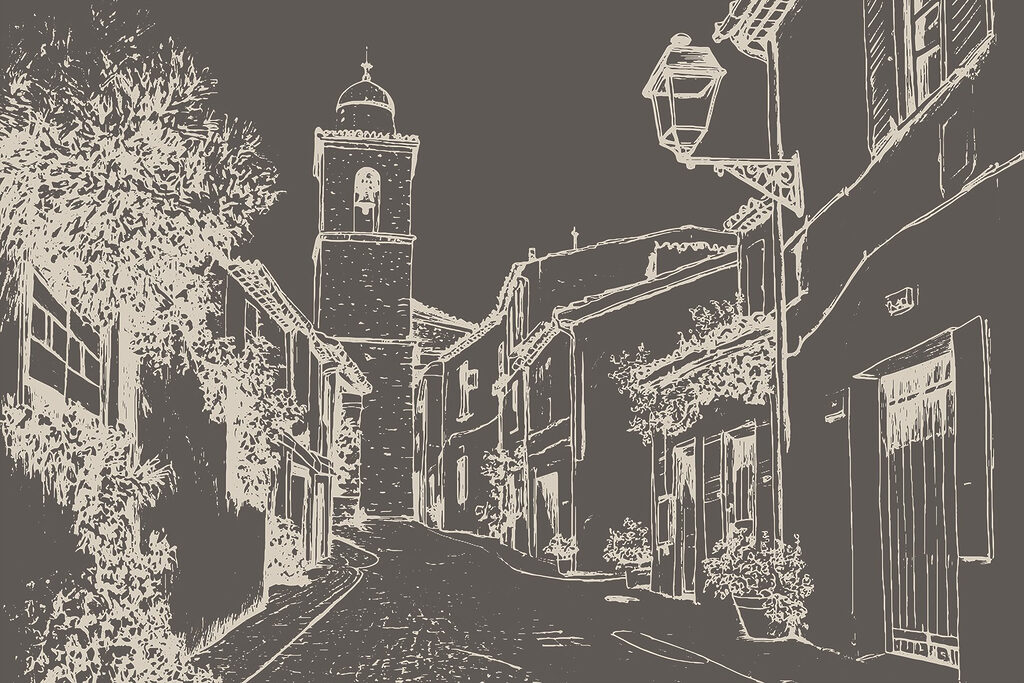 Zeichnung einer Straße mit Gebäuden und einem Glockenturm Zeichnung einer Straße mit Gebäuden und einem Glockenturm