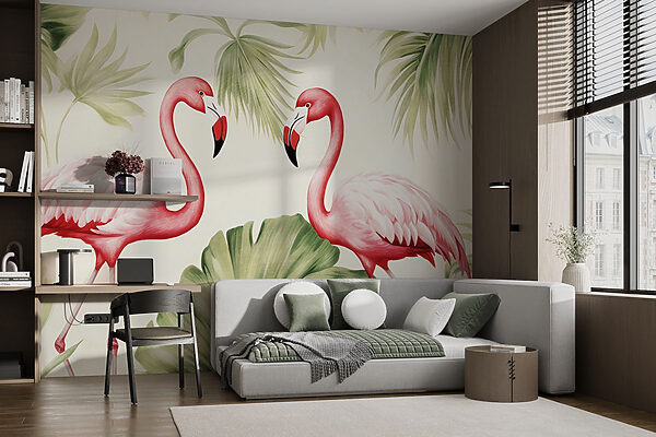 Ein Paar rosa Flamingos mit grünen Blättern Fototapeten Ein Paar rosa Flamingos mit grünen Blättern