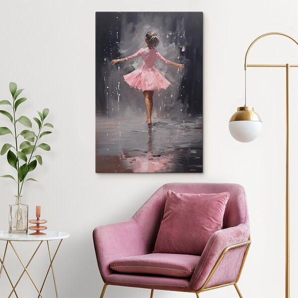 Gemälde eines Mädchens in einem rosa Kleid, das im Regen tanzt Gemälde eines Mädchens in einem rosa Kleid, das im Regen tanzt