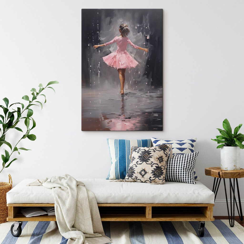 Painting of a girl in a pink dress dancing in the rain