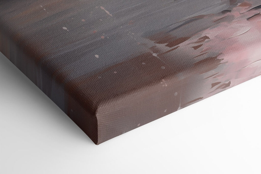 Painting of a girl in a pink dress dancing in the rain