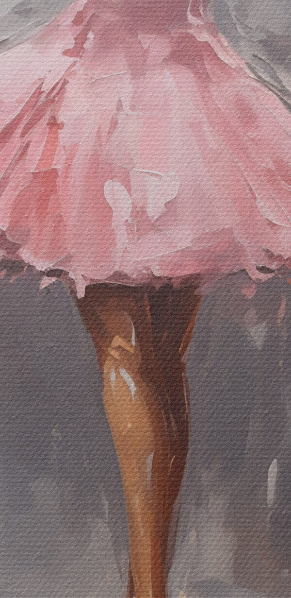 Gemälde eines Mädchens in einem rosa Kleid, das im Regen tanzt Gemälde eines Mädchens in einem rosa Kleid, das im Regen tanzt