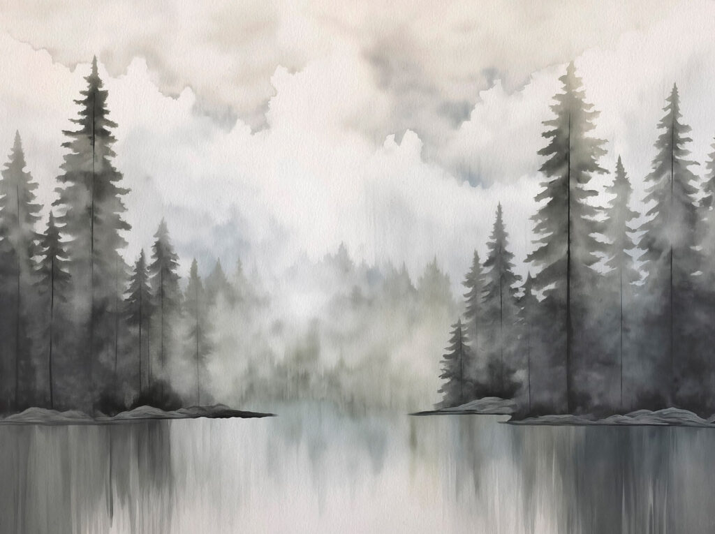 Aquarellmalerei eines Waldes und eines Sees Aquarellmalerei eines Waldes und eines Sees
