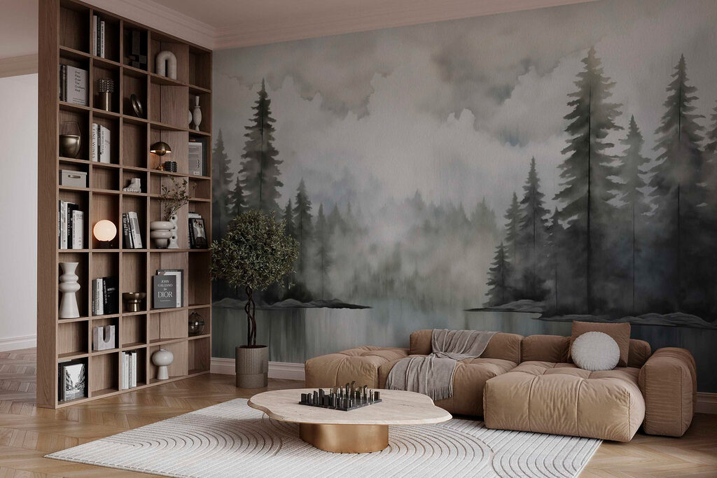 Watercolor painting of a forest and a lake Watercolor painting of a forest and a lake