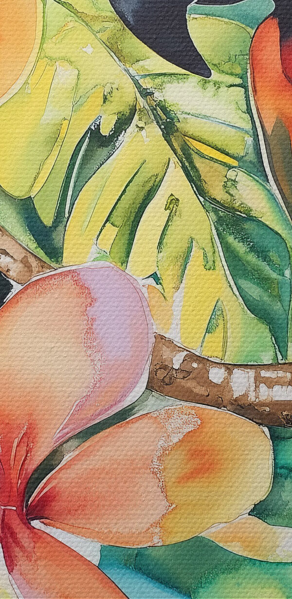 Gemälde eines Papageis auf einem Zweig mit Blumen Gemälde eines Papageis auf einem Zweig mit Blumen