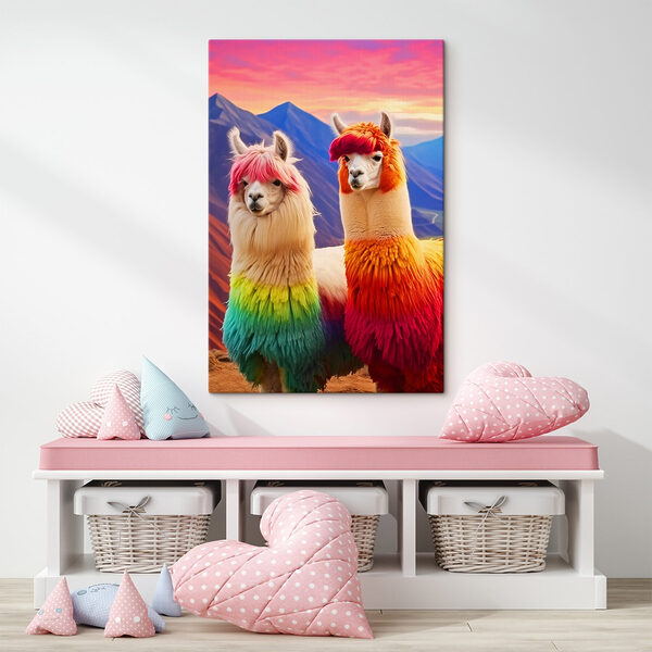 Zwei Lamas mit regenbogenfarbenem Haar Zwei Lamas mit regenbogenfarbenem Haar