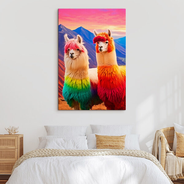 Zwei Lamas mit regenbogenfarbenem Haar Zwei Lamas mit regenbogenfarbenem Haar