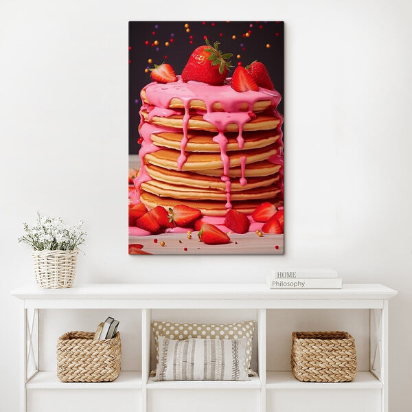 Pfannkuchenstapel mit rosa Zuckerguss und Erdbeeren Wandbilder Pfannkuchenstapel mit rosa Zuckerguss und Erdbeeren