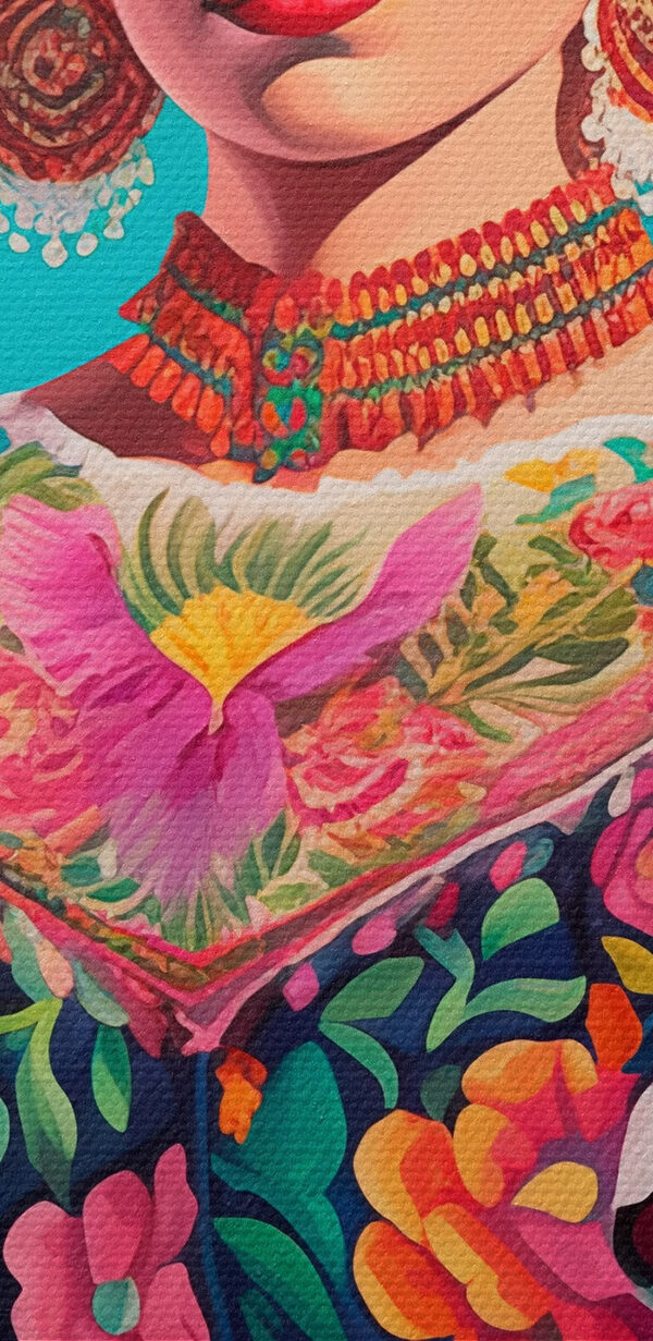 Frau trägt ein buntes Kleid mit Blumen im Haar Frau trägt ein buntes Kleid mit Blumen im Haar