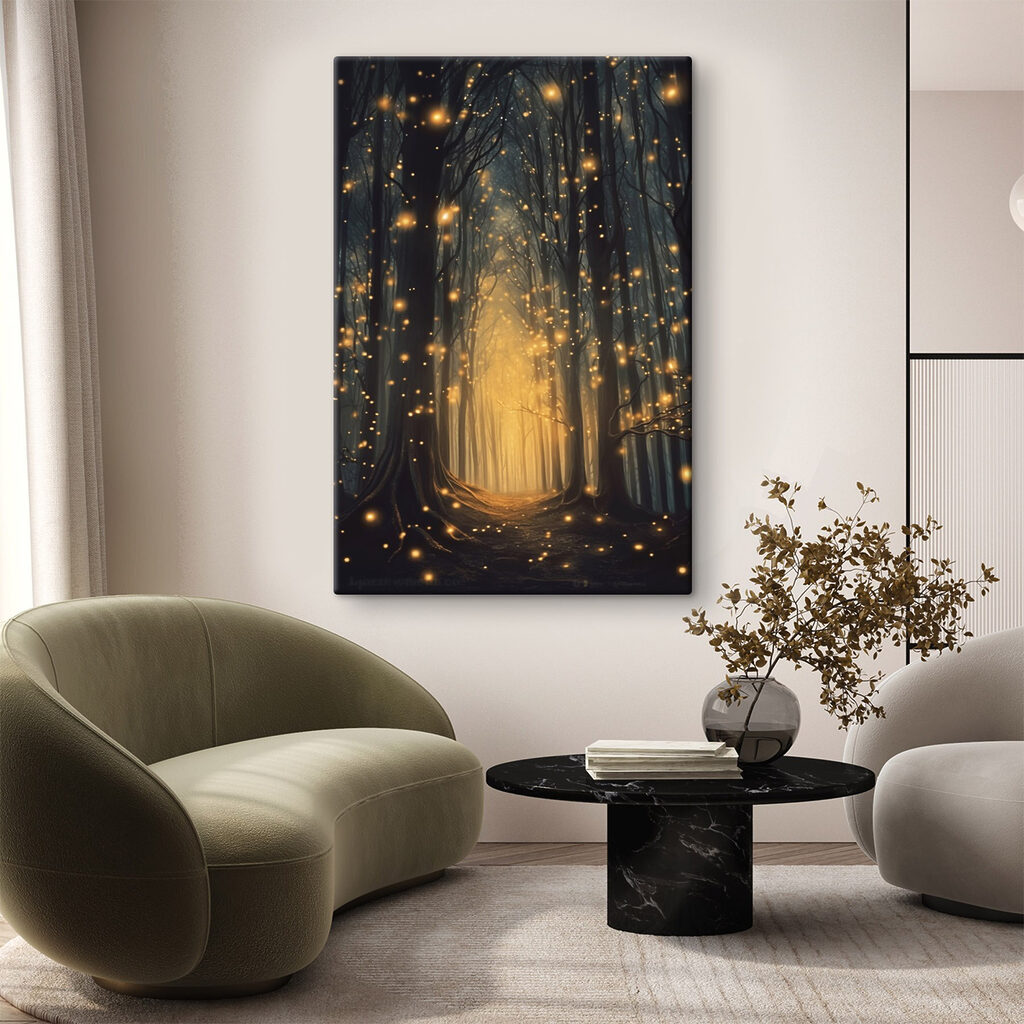 Path through a forest with many trees with lights