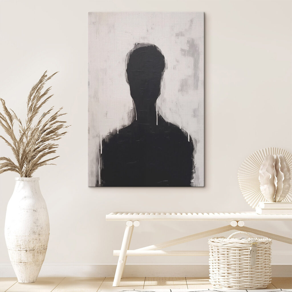 Black and white painting of a person's head