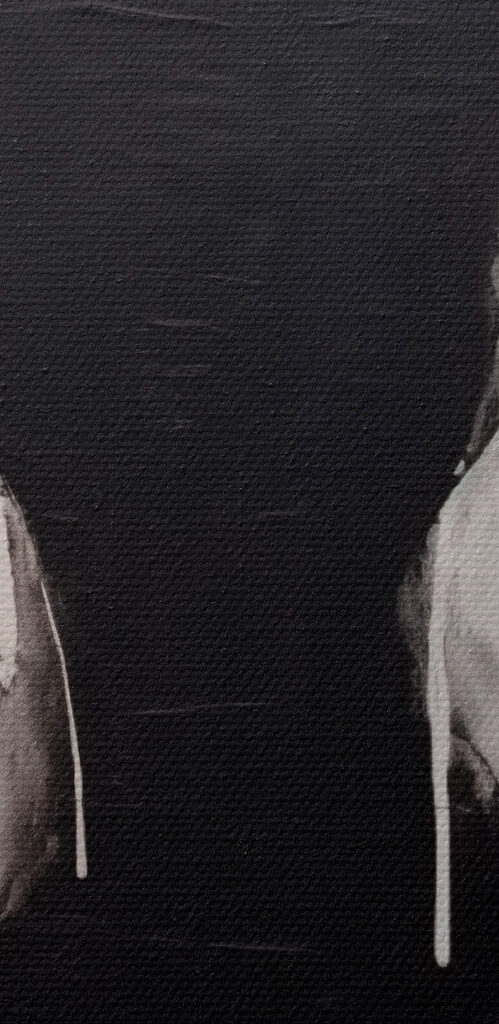 Black and white painting of a person's head