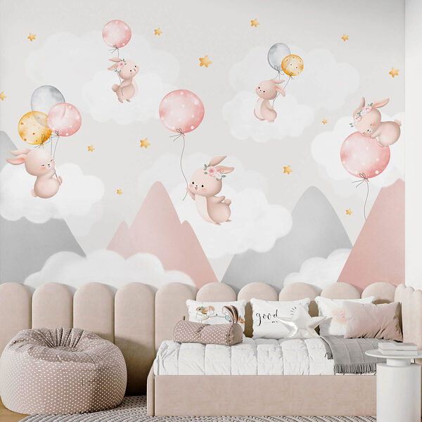 Gruppe von Hasen, die Luftballons in den Himmel halten Gruppe von Hasen, die Luftballons in den Himmel halten