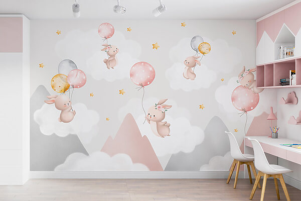 Gruppe von Hasen, die Luftballons in den Himmel halten Gruppe von Hasen, die Luftballons in den Himmel halten