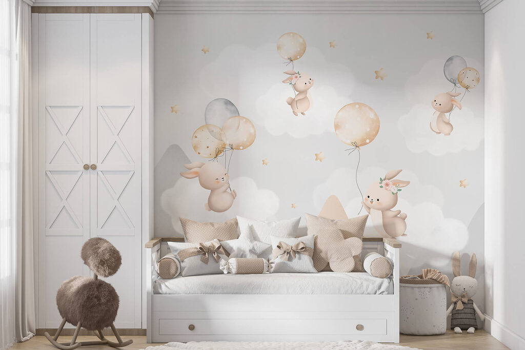 Group of bunnies flying with balloons in the sky