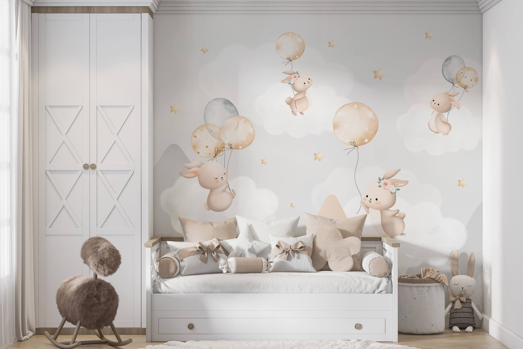 Group of bunnies flying with balloons in the sky