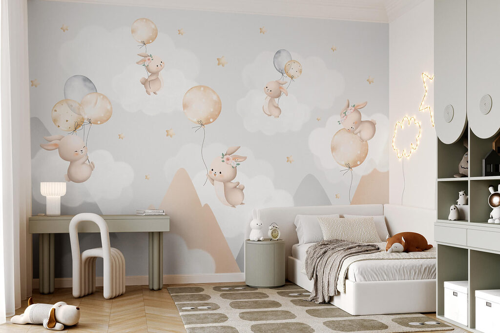 Group of bunnies flying with balloons in the sky