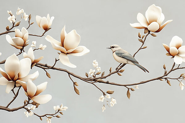 Vogel auf einem Zweig mit Blumen Vogel auf einem Zweig mit Blumen